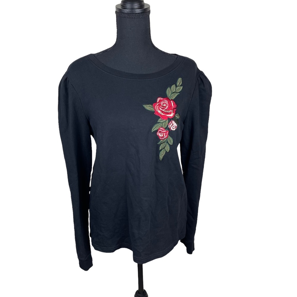 Sanctuary Black Puff Shoulder Flower 🌹 Embroidered Pullover‎ Sweater Size Small - Picture 3 of 11